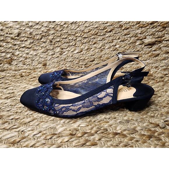 J. Renee Women’s 8.5M Faleece Lace/Satin/Sequins Slingback Heels Navy Blue - Picture 2 of 11
